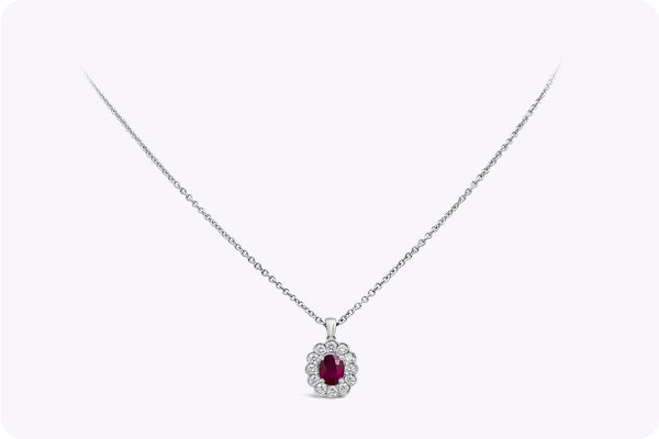 0.65 Carat Oval Cut Ruby & Diamond Halo Pendant Necklace in White Gold