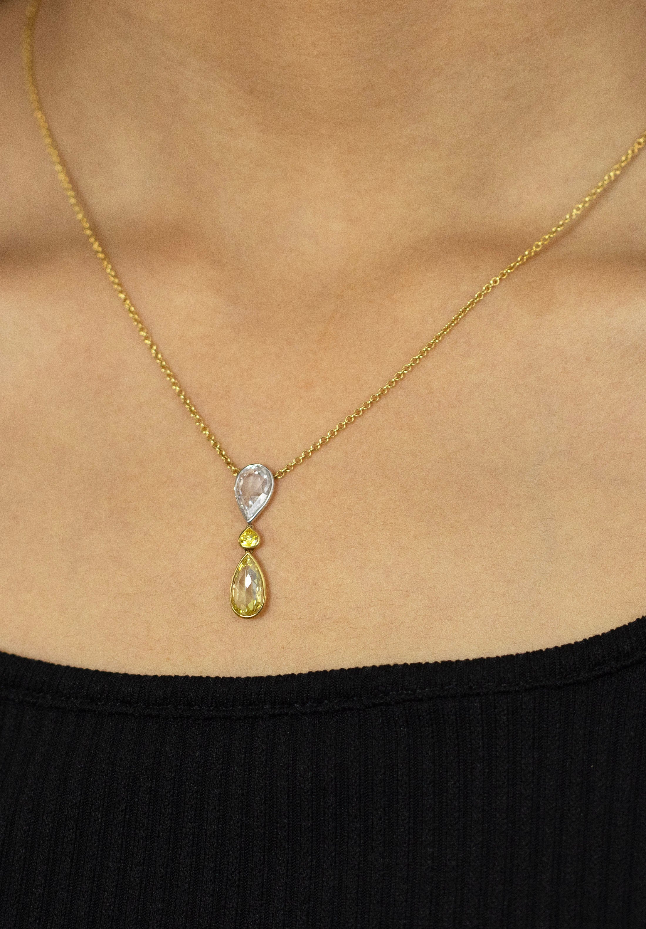 GIA Certified 1.18 Carats Pear Shape Yellow Diamond Pendant Necklace in Yellow Gold & Platinum