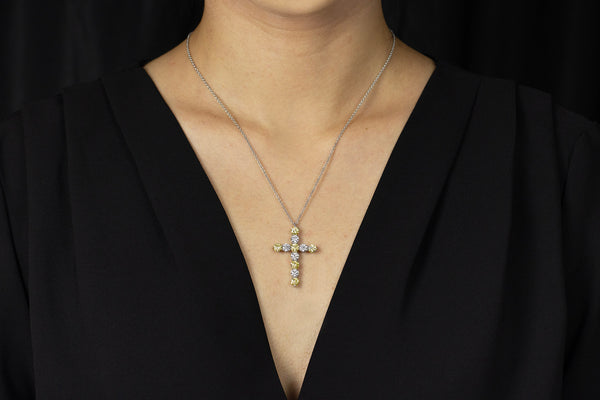 4.32 Carats Total Alternating Yellow & White Diamond Cross Pendant Necklace in White Gold & Platinum