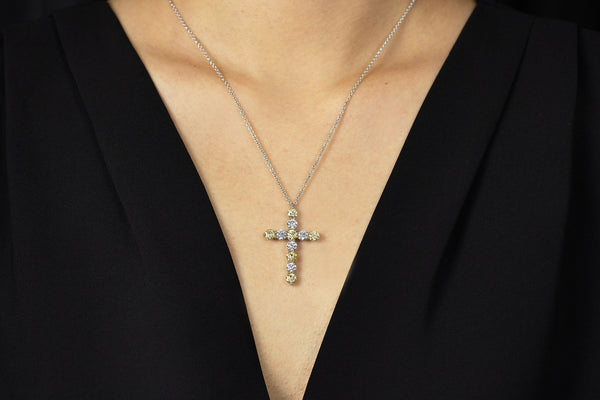 4.32 Carats Total Alternating Yellow & White Diamond Cross Pendant Necklace in White Gold & Platinum