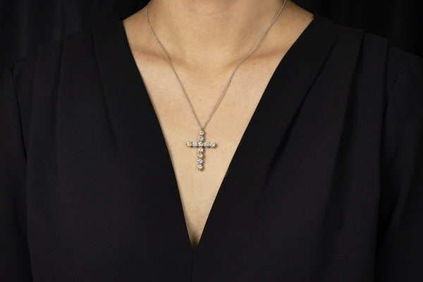 4.32 Carats Total Alternating Yellow & White Diamond Cross Pendant Necklace in White Gold & Platinum