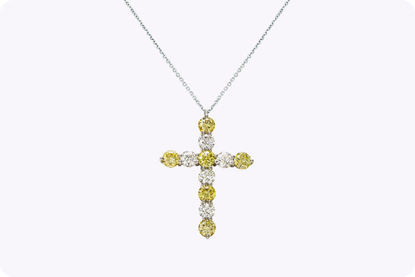 4.32 Carats Total Alternating Yellow & White Diamond Cross Pendant Necklace in White Gold & Platinum