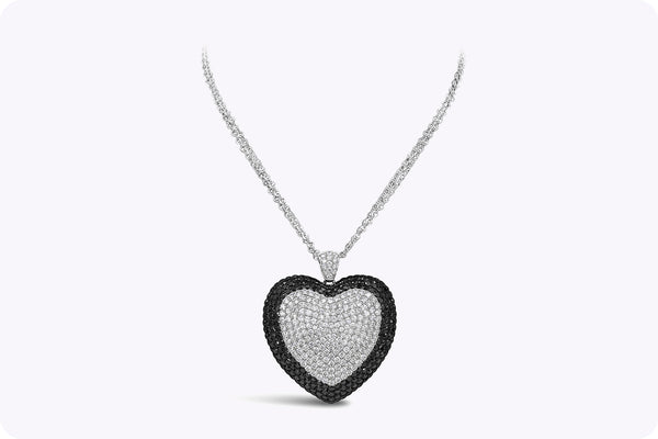 17.70 Carats Total Round Cut Black & White Diamond Heart Shape Large Pendant Necklace in White Gold