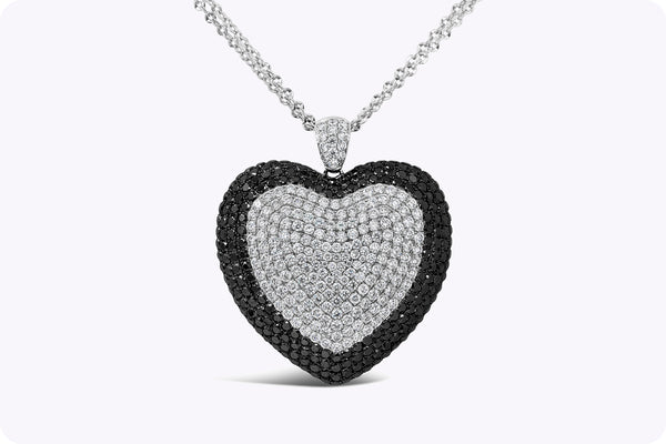 17.70 Carats Total Round Cut Black & White Diamond Heart Shape Large Pendant Necklace in White Gold