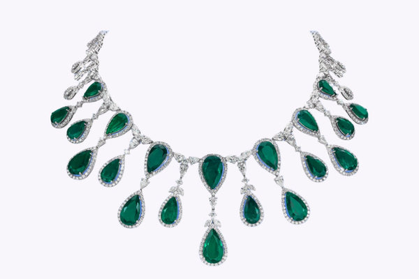 96.39 Carats Total Pear Shape Colombian Emerald & Diamond Fringe Necklace in White Gold