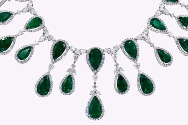 96.39 Carats Total Pear Shape Colombian Emerald & Diamond Fringe Necklace in White Gold