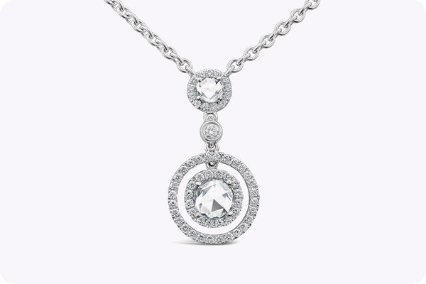 1.09 Carats Total Mixed-Cut Diamond Double Halo Pendant Necklace in White Gold