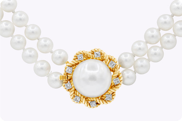 0.40 Carats Brilliant Round Diamond and Double Strand Pearl Necklace in Yellow Gold