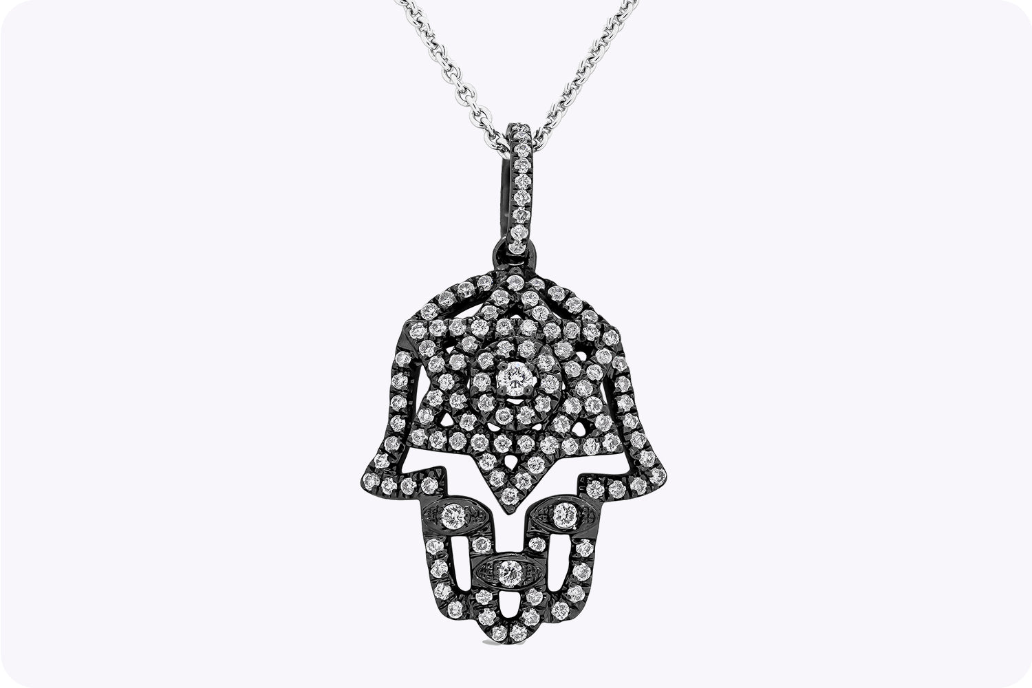 0.40 Carat Round Cut Diamond Hamsa Hand Pendant Necklace in Black Rhodium