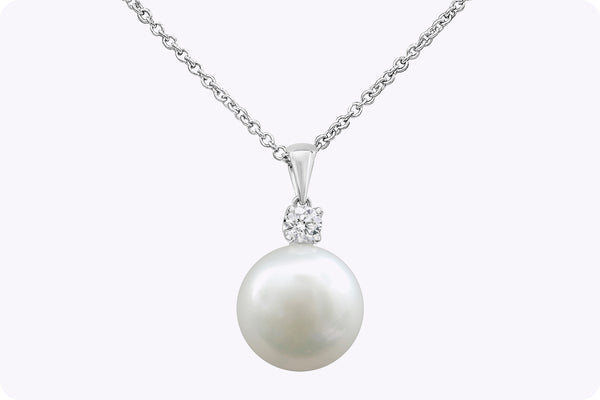 14.26 Carats Total Pearl & Round Cut Diamond Pendant Necklace in White Gold