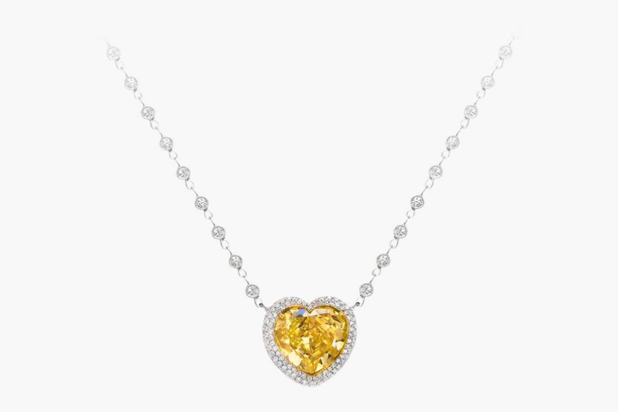 GIA Certified 7.77 Carats Heart Shape Yellow Diamond Pendant Necklace in Two-Tone Gold