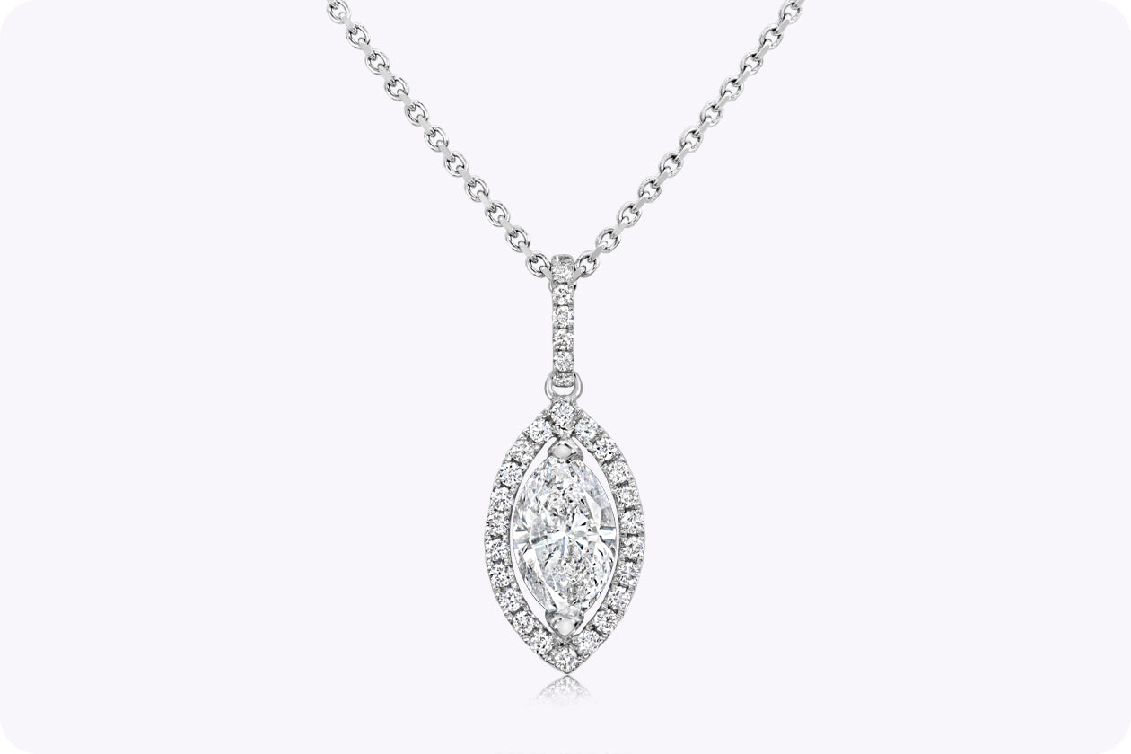 1.06 Carats Marquise Cut Diamond Halo Pendant Necklace in White Gold