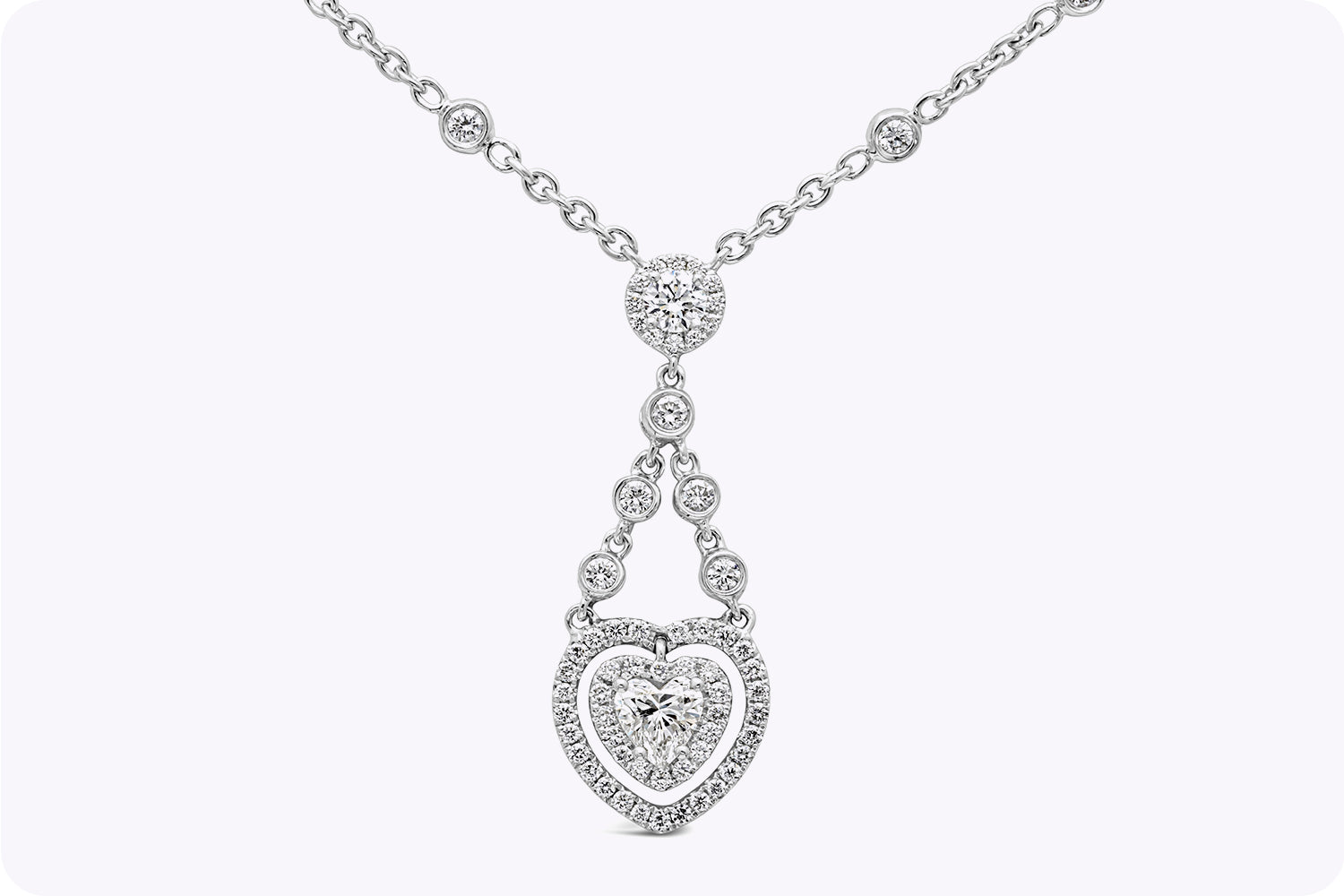 1.68 Carats Total Heart Shape Diamond Pendant Necklace in White Gold