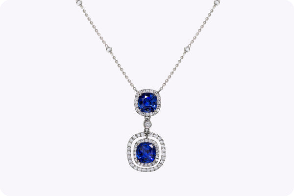 2.95 Carats Cushion Cut Sapphire & Diamond Halo Pendant Necklace in White Gold