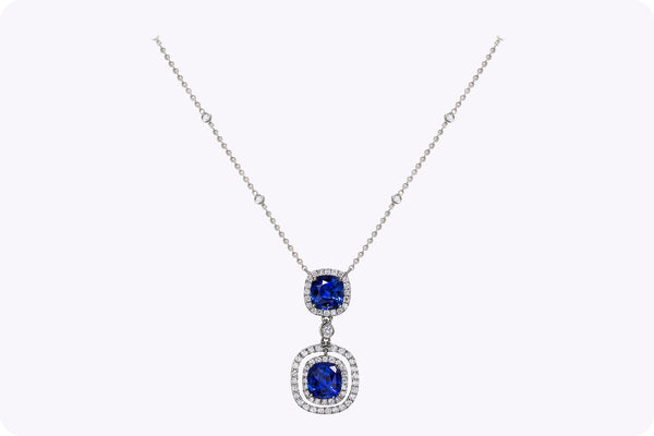 2.95 Carats Cushion Cut Sapphire & Diamond Halo Pendant Necklace in White Gold