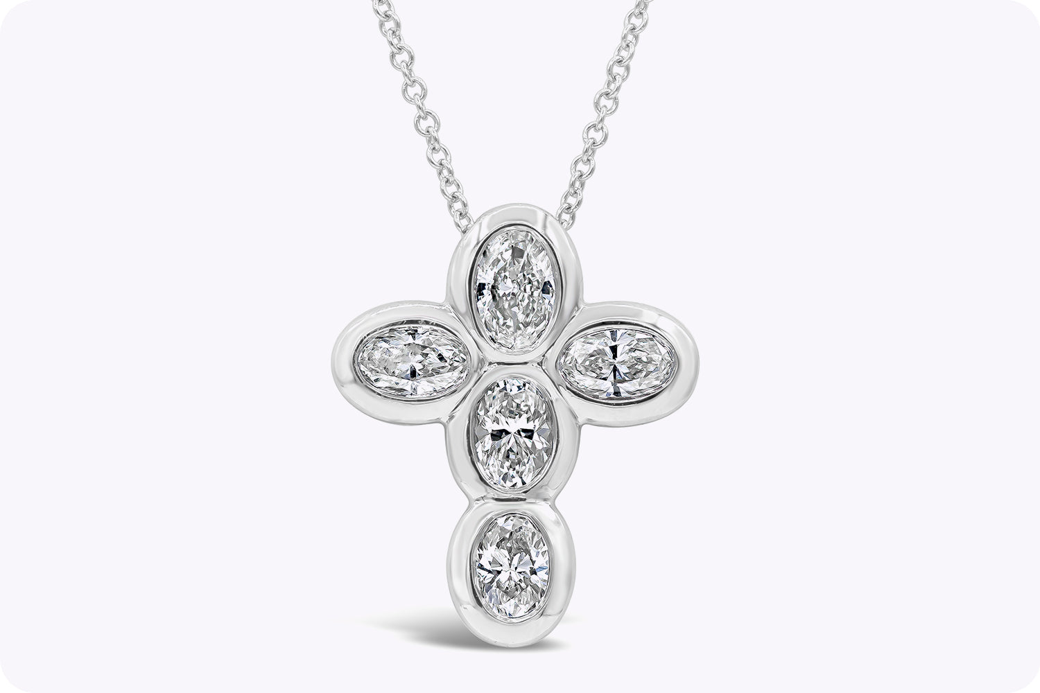 0.90 Carat Total Oval Cut Diamond Cross Pendant Necklace in White Gold