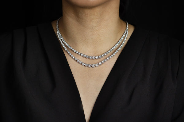 12.94 Carats Total Round Brilliant Cut Diamond Double Strand Riviera Tennis Necklace in White Gold