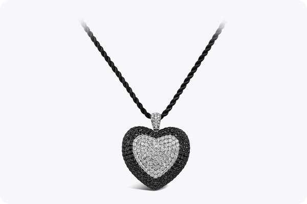 12.40 Carats Total Black & White Diamond Heart Shape Pendant Necklace in White Gold