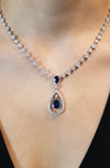 4.29 Carats Total Blue Sapphire and Diamond Halo Drop Necklace in White Gold