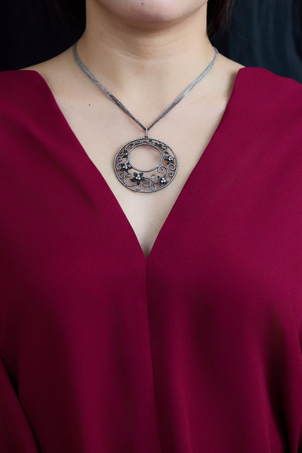 Diamond Floral Swirl Pendant Necklace in Black Rhodium