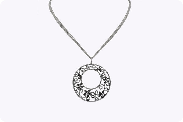 Round Cut Diamond Floral Swirl Pendant Necklace in Black Rhodium