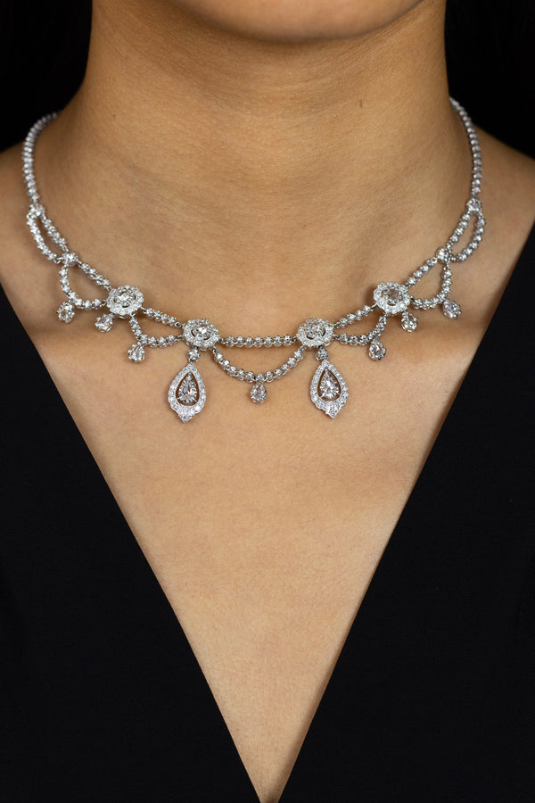 4.33 Carats Total Rose Cut Diamond Edwardian Style Necklace in White Gold