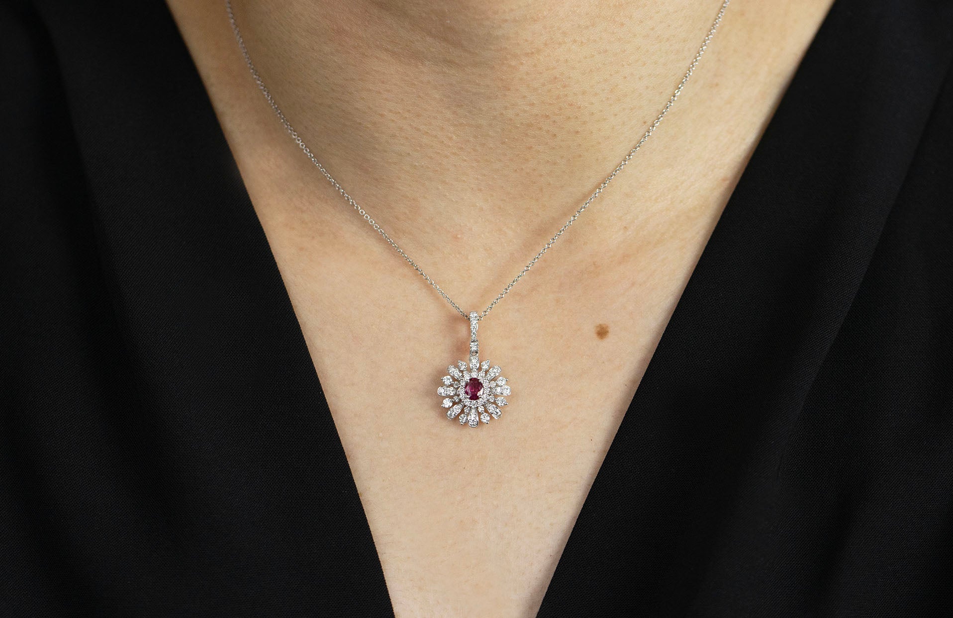 1.13 Carats Total Oval Cut Ruby & Diamond Pendant Necklace in White Gold