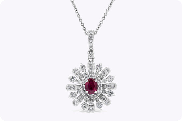 1.13 Carats Total Oval Cut Ruby & Diamond Pendant Necklace in White Gold