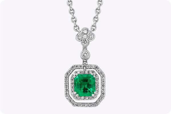 1.18 Carats Emerald & Diamond Double Halo Pendant Necklace in White Gold