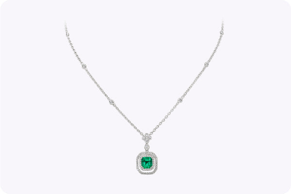 1.18 Carats Emerald & Diamond Double Halo Pendant Necklace in White Gold