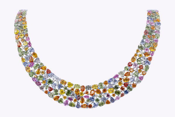 161.55 Carats Total Multi-Color Mixed-Cut Sapphire Wide Necklace in White Gold