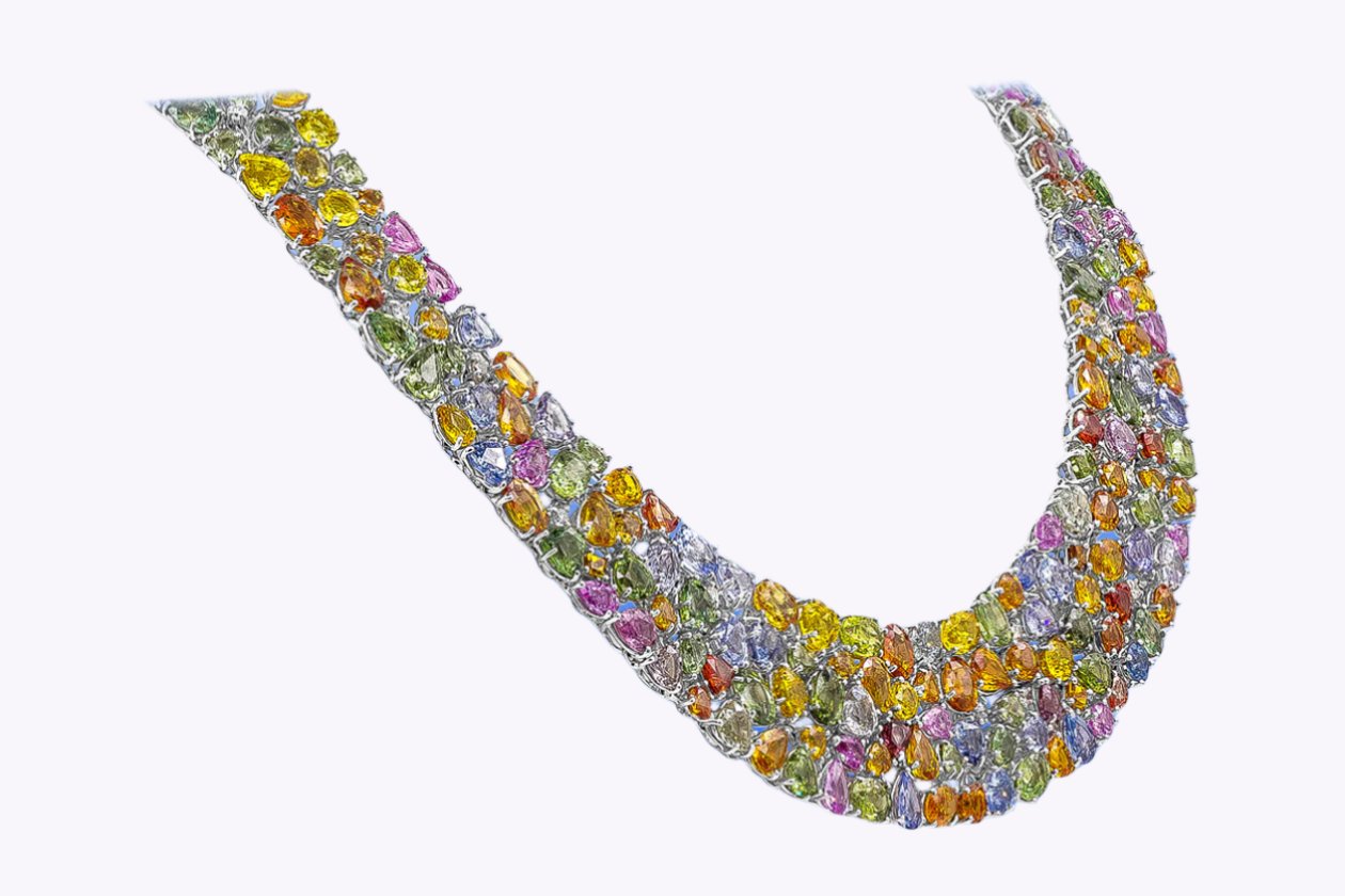 161.55 Carats Total Multi-Color Mixed-Cut Sapphire Wide Necklace in White Gold