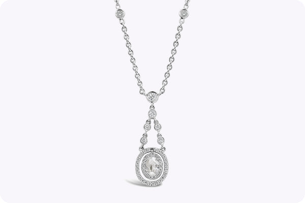 1.01 Carats Total Mixed-Cut Diamond Halo Drop Pendant Necklace in White Gold