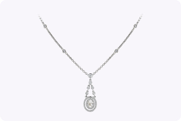 1.01 Carats Total Mixed-Cut Diamond Halo Drop Pendant Necklace in White Gold