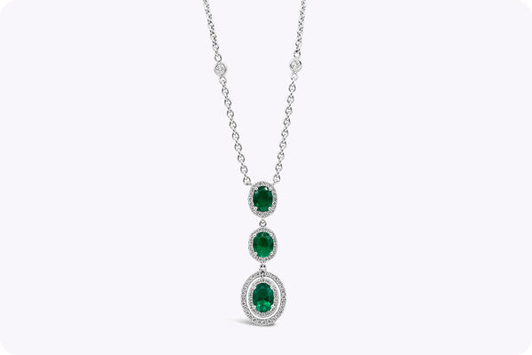 1.98 Carats Oval Cut Emerald & Diamond Halo Drop Necklace in White Gold