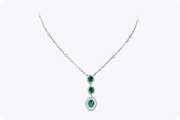 1.98 Carats Oval Cut Emerald & Diamond Halo Drop Necklace in White Gold