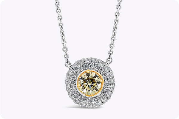 0.42 Carat Round Cut Yellow Diamond Halo Pendant Necklace in White Gold