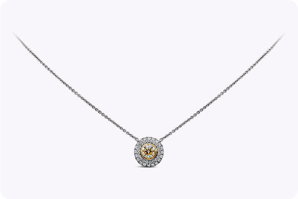 0.42 Carat Round Cut Yellow Diamond Halo Pendant Necklace in White Gold