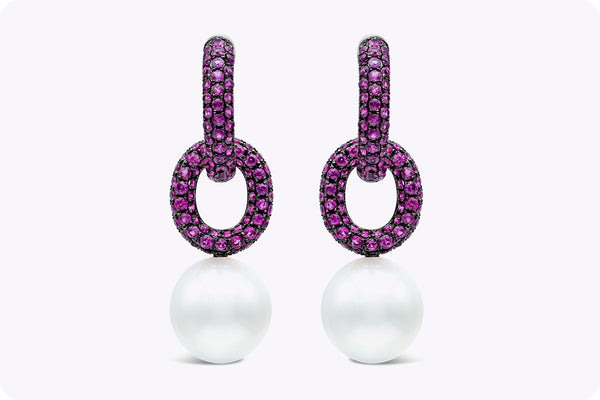 2.70 Carat Pink Sapphire and South Sea Pearl Dangle Earrings in White Gold