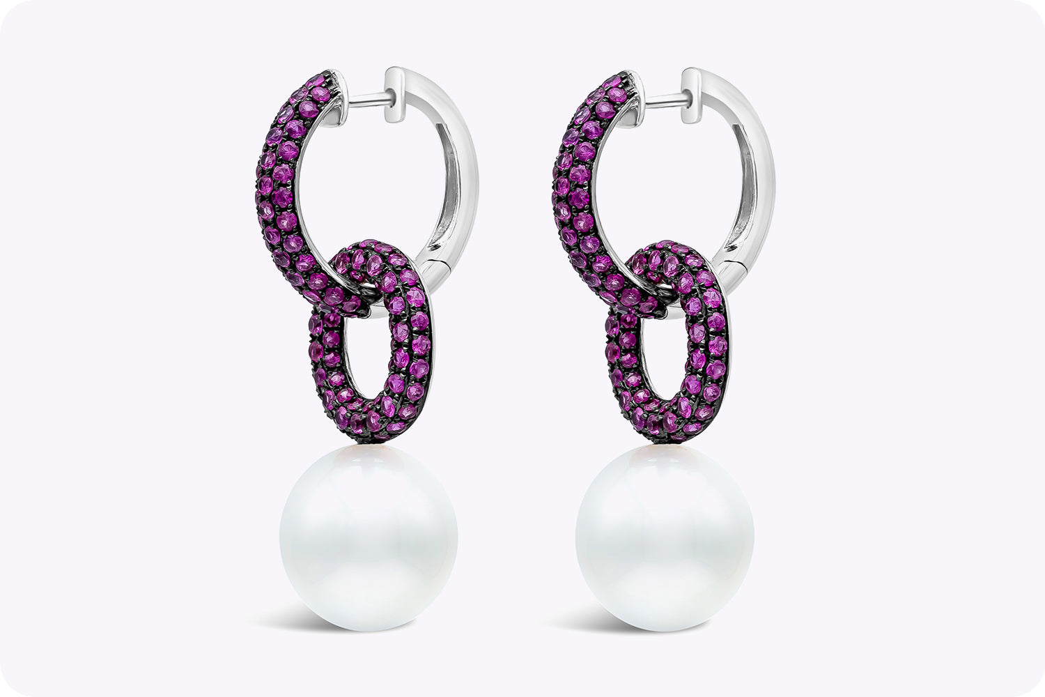 2.70 Carat Pink Sapphire and South Sea Pearl Dangle Earrings in White Gold