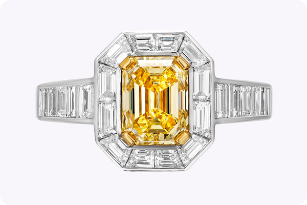 GIA Certified 3.03 Carats Total Emerald-Cut Diamond Halo Engagement Ring in Yellow Gold & Platinum