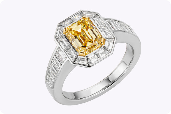 GIA Certified 3.03 Carats Total Emerald-Cut Diamond Halo Engagement Ring in Yellow Gold & Platinum