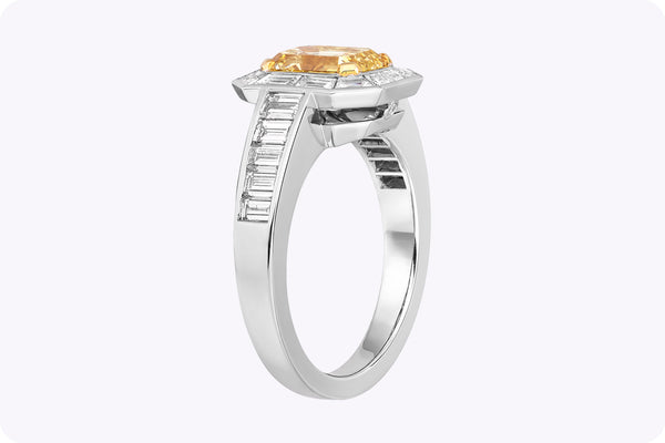 GIA Certified 3.03 Carats Total Emerald-Cut Diamond Halo Engagement Ring in Yellow Gold & Platinum