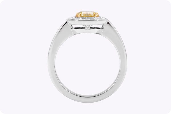 GIA Certified 3.03 Carats Total Emerald-Cut Diamond Halo Engagement Ring in Yellow Gold & Platinum
