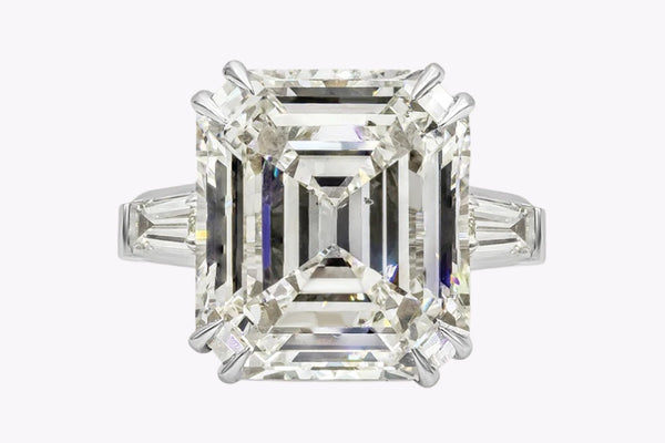 GIA Certified 12.55 Carats Emerald Cut Diamond Three-Stone Engagement Ring in Platinum