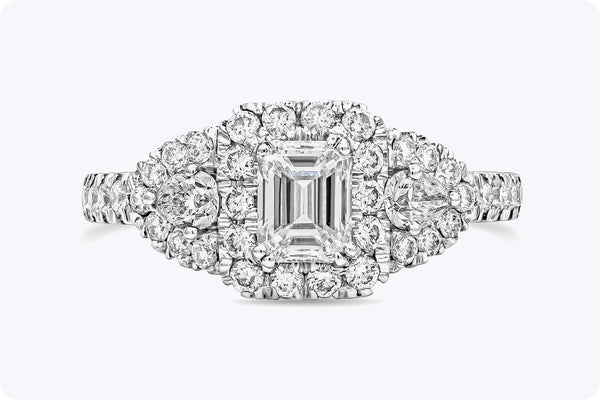 0.71 Carat Emerald Cut Diamond Three-Stone Halo Engagement Ring in White Gold