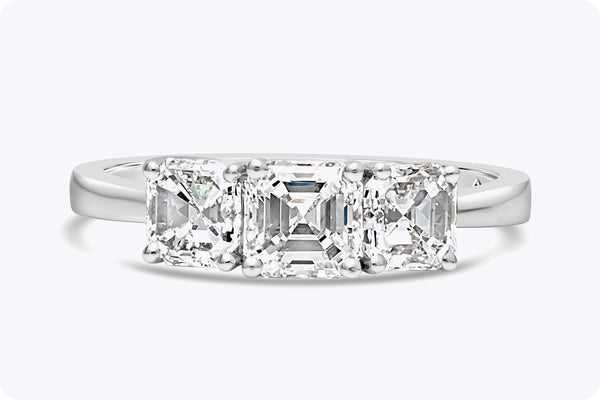 1.79 Carats Total Asscher Cut Diamond Three-Stone Engagement Ring in White Gold