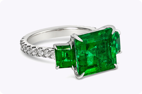 GIA Certified 4.82 Carats Emerald Cut Colombian Green Emerald Three-Stone Engagement Ring in Platinum