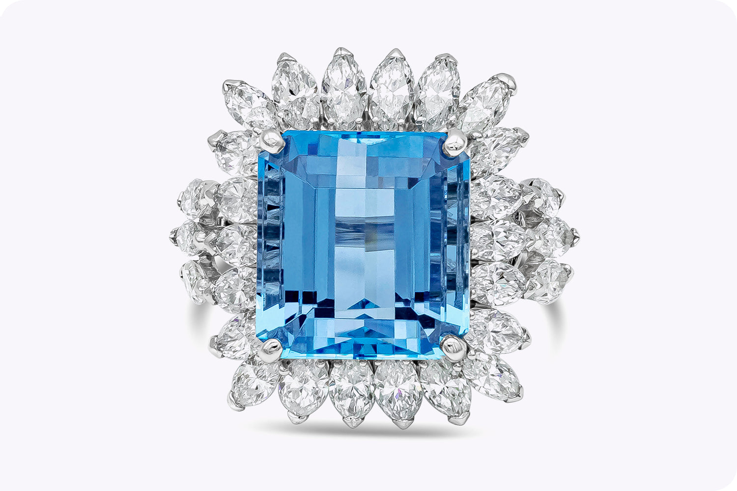 11.48 Carat Emerald Cut Aquamarine & Diamond Halo Cocktail Ring in Platinum