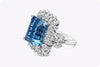 11.48 Carat Emerald Cut Aquamarine & Diamond Halo Cocktail Ring in Platinum